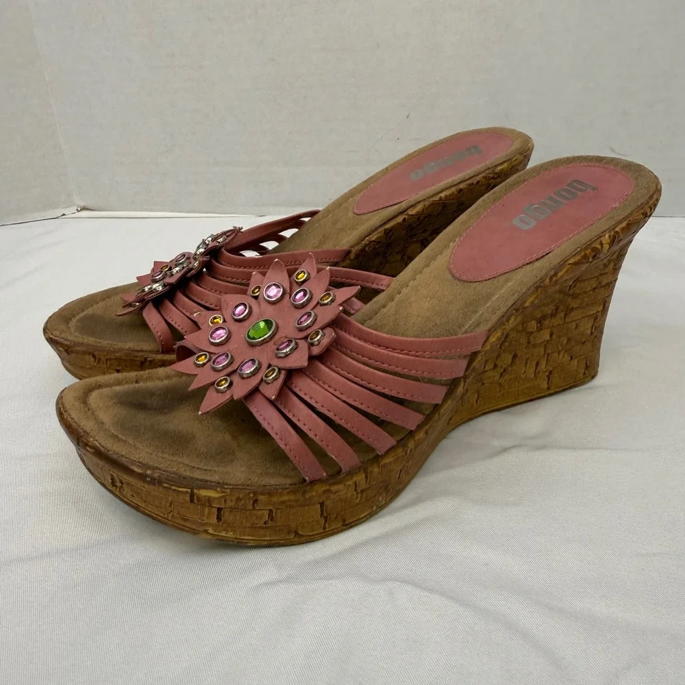 Bongo Vintage Pink Floral Rhinestone Wedge Sandals Y2K Cork Platform Slides